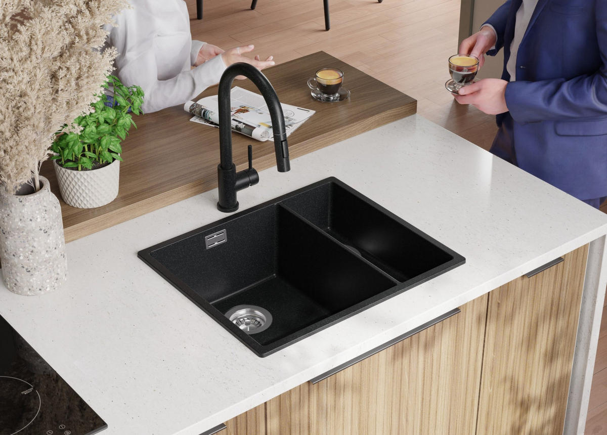 SPÜLBECKEN London Slim Duo, 2-er set Anthrazit 56/47 cm 1,5 Becken + Ablauf-Set ab 60er Unterschrank - Chromfarben/Anthrazit, Kunststoff (56/20/47cm) - Primagran
