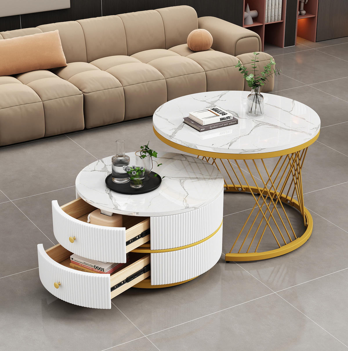 COUCHTISCH 60/50 cm 2-teilig mit 2 Schubladen in Hochglanz-Marmoroptik - Weiß, Holzwerkstoff (60/60/46cm) - BEAOK