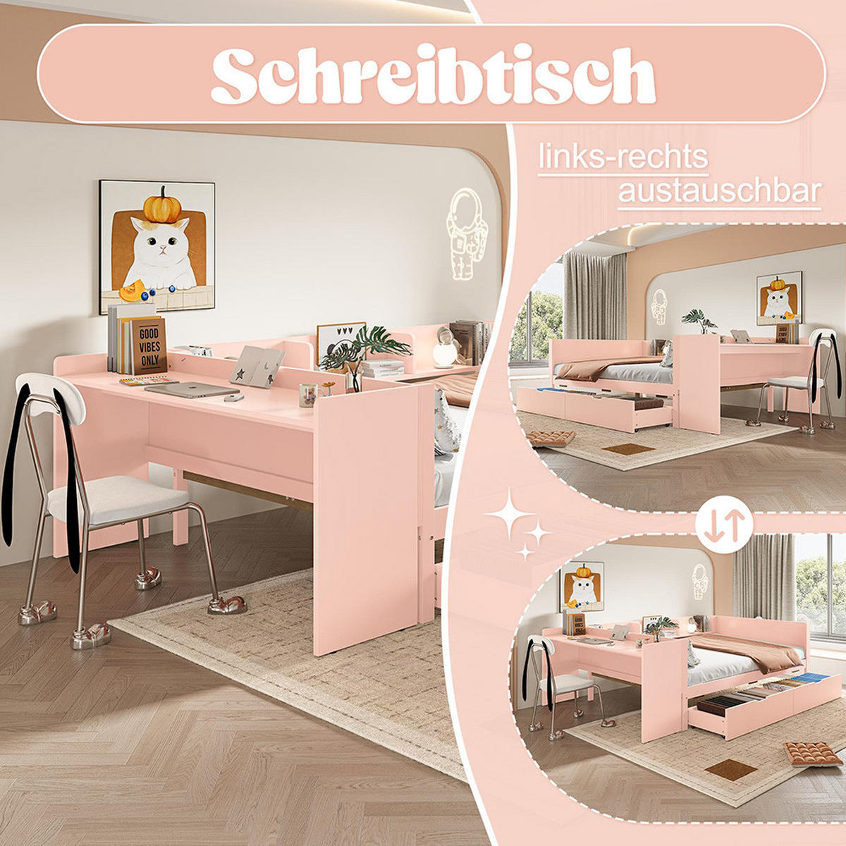 DOPPELBETT 140x200cm mit 2 Schubladen，Rosa - Pink, Holz (140/200cm) - KOMHTOM