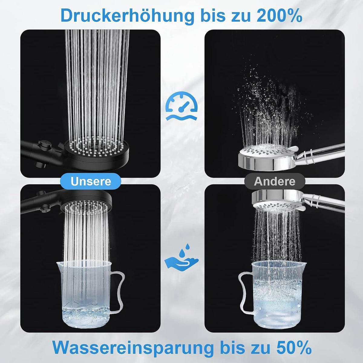 DUSCHKOPF Schwarz mit 5 Strahleinstellungen und Wassersparfunktion - Schwarz, Kunststoff (13.5/12.7/24cm)