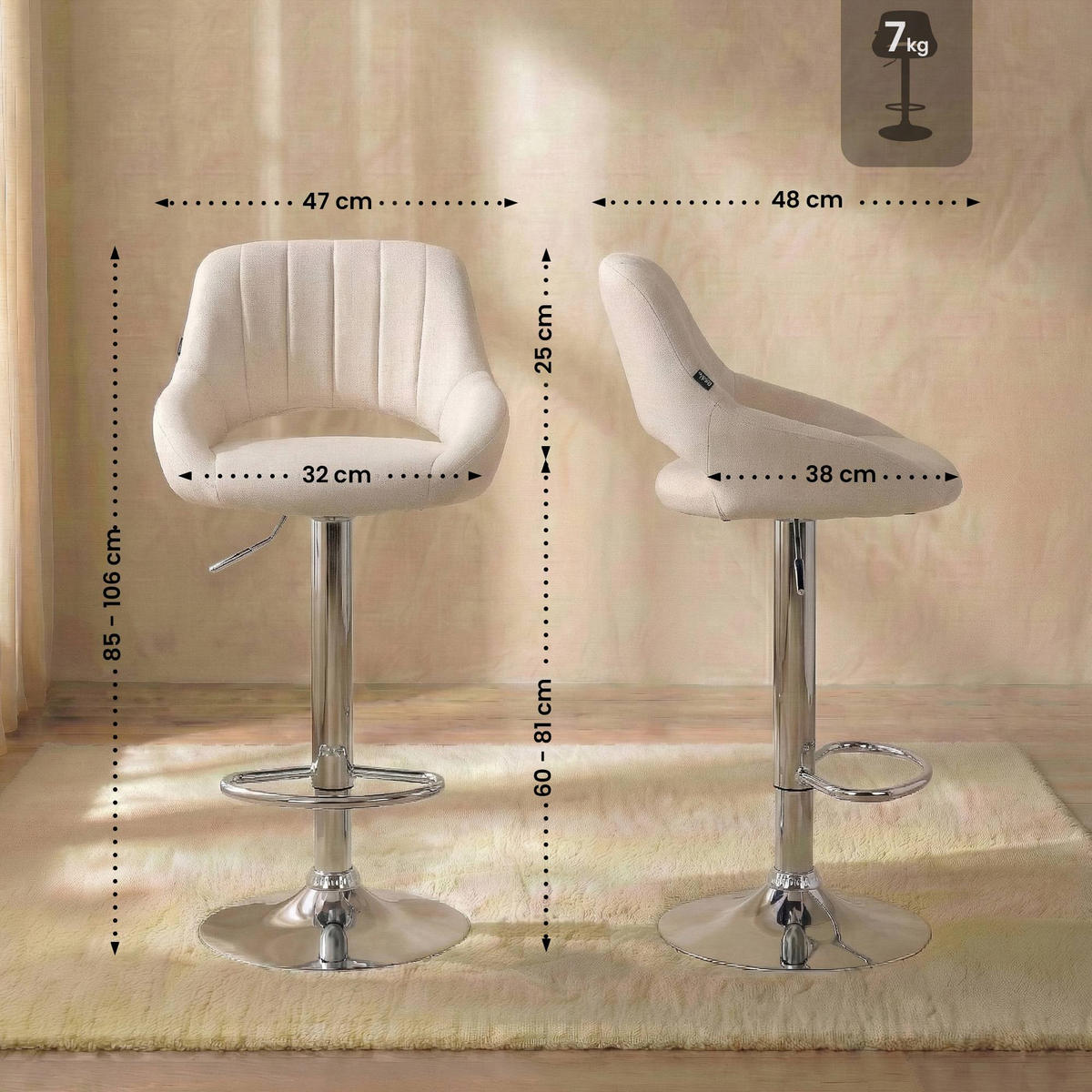 BARHOCKER Stoff Creme - Chromfarben/Creme, Textil/Metall (47/85/48cm) - CLP