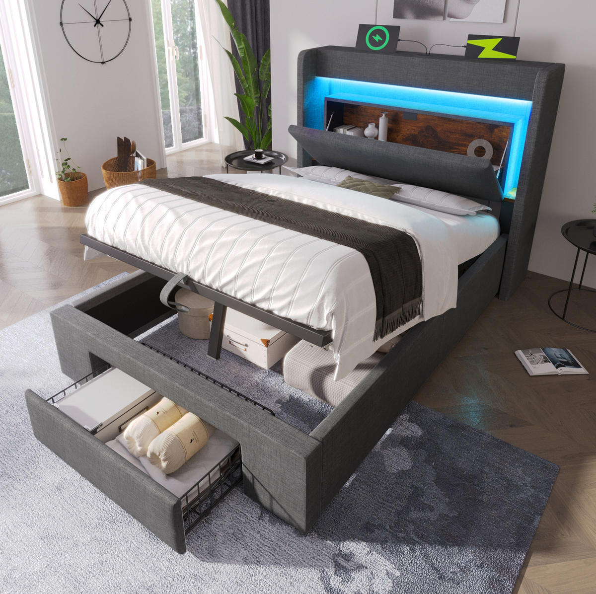 BETT mit Stauraum & LED 90x200 cm Leinen Grau - Grau, Metall (90/200cm) - Meubliv