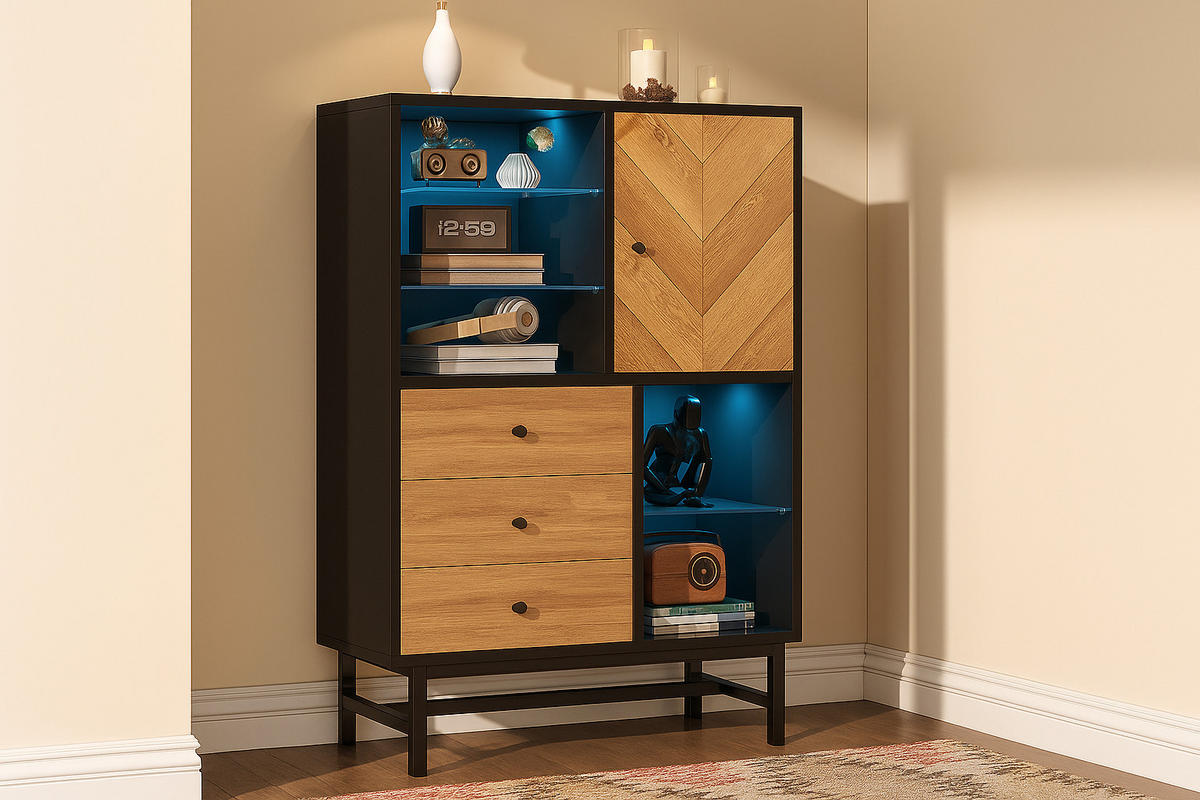 HIGHBOARD mit LED-Beleuchtung, 3 Schubladen und verstellbare Regale - Schwarz, Holzwerkstoff (80/120.5/40cm) - Urban Meuble