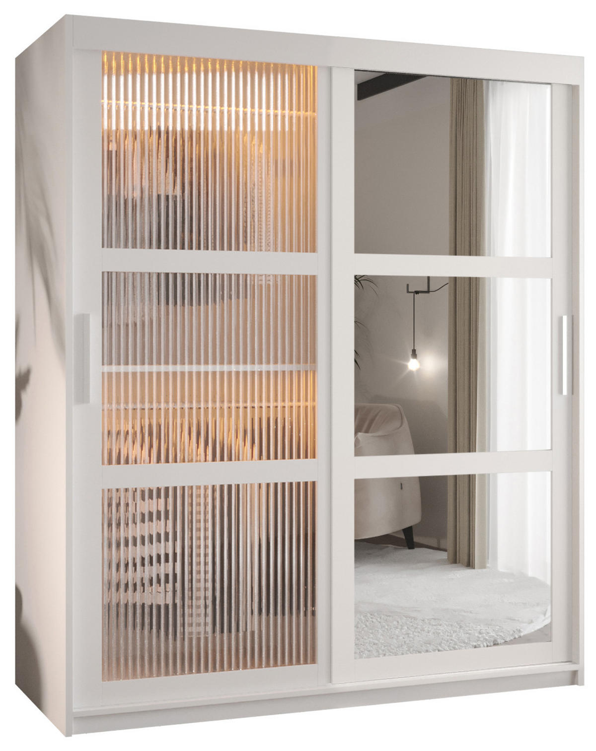 SCHWEBETÜRENSCHRANK 200/150/62 2-türig - Silberfarben/Weiß, Holz/Kunststoff (150/200/62cm) - Abiks Möbel