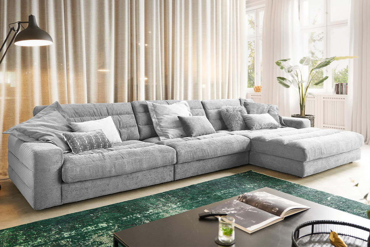 ECKSOFA XL LANA Hellgrau Cord - Hellgrau/Schwarz, Textil (416/205cm) - KAWOLA