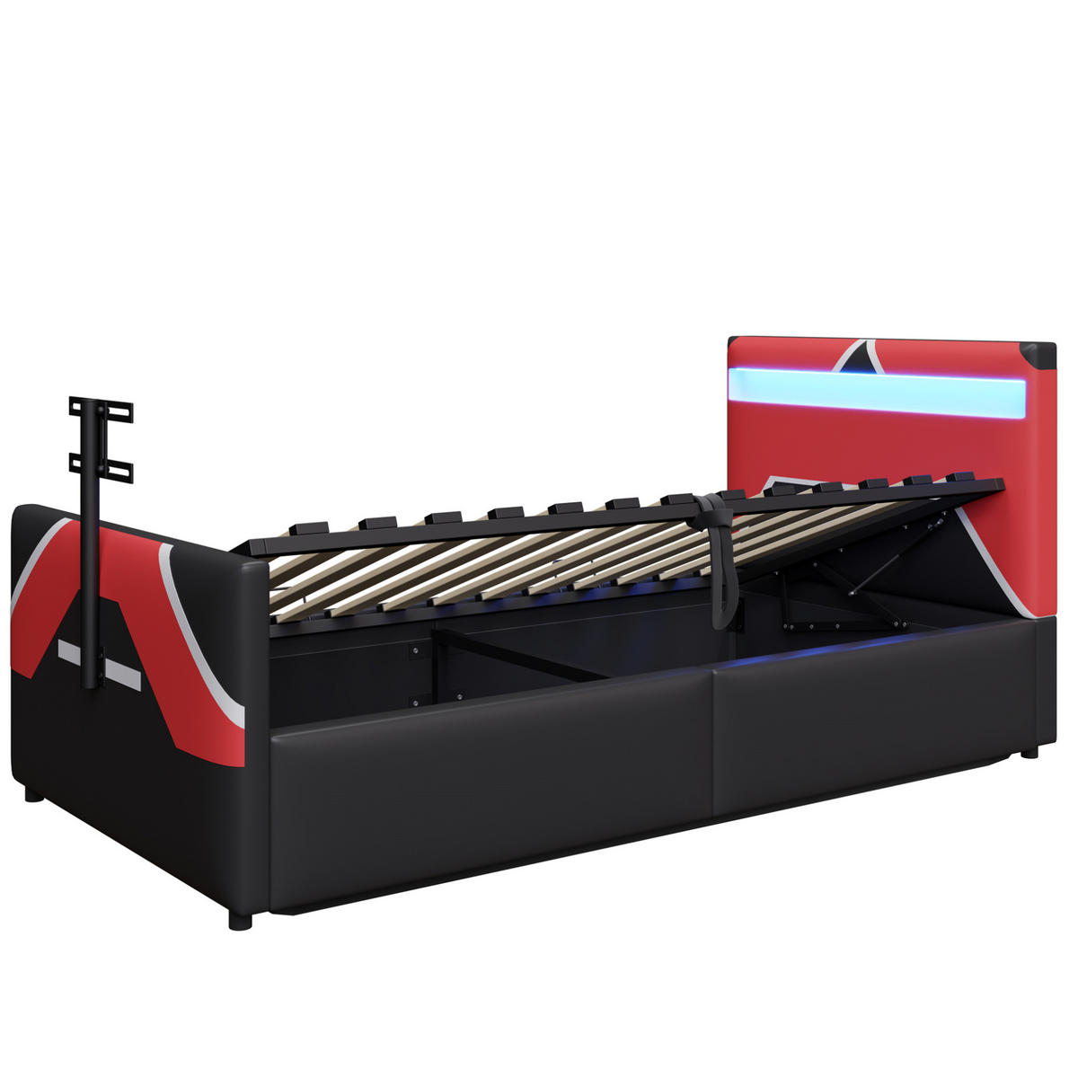 KINDEREINZELBETTEN aus Kunstleder 90x200 cm in Schwarz mit LED & TV-Halterung - Schwarz, Leder (90/200cm) - Modfu
