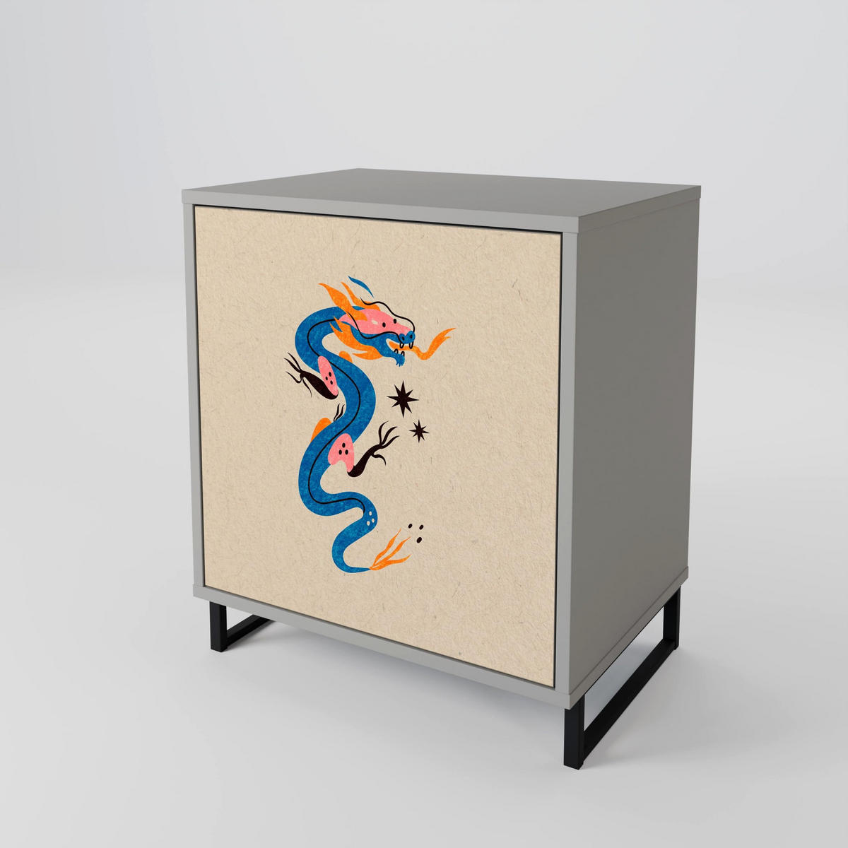 SIDEBOARD MYTHOLOGICAL CREATURES, Grau, 57,5x42x72,5 cm, Schwarze Metallfüße - Multicolor/Schwarz, Holzwerkstoff/Metall (57.5/72.5/42cm) - SpaceRebels