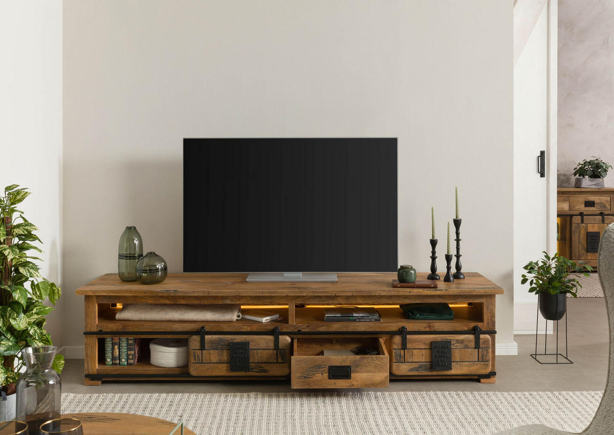 TV-BOARD Mango / Altholz 220x55x50 natur lackiert RAILWAY LUX #132 - Naturfarben, Holz (220/50/55cm) - Massivmoebel24