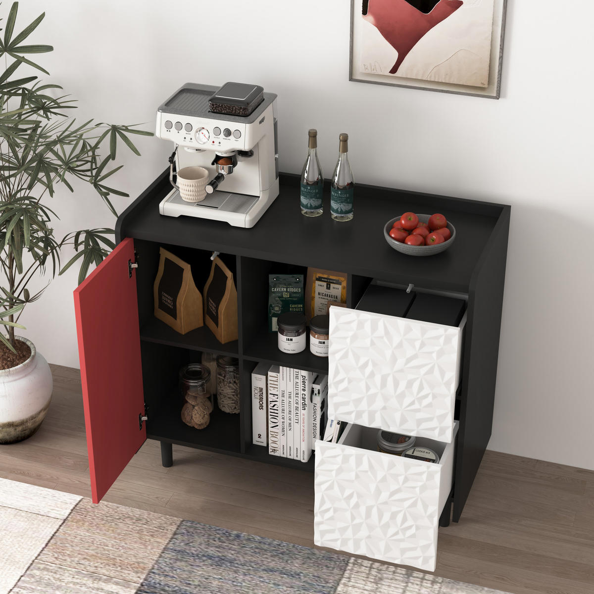 SIDEBOARD 90/40/80 cm, 2 Schubladen, offenes Fach und Tür, MDF Schwarz/Rot, Schwarz/Rot - Rot, Holzwerkstoff (90/80/40cm) - Redom
