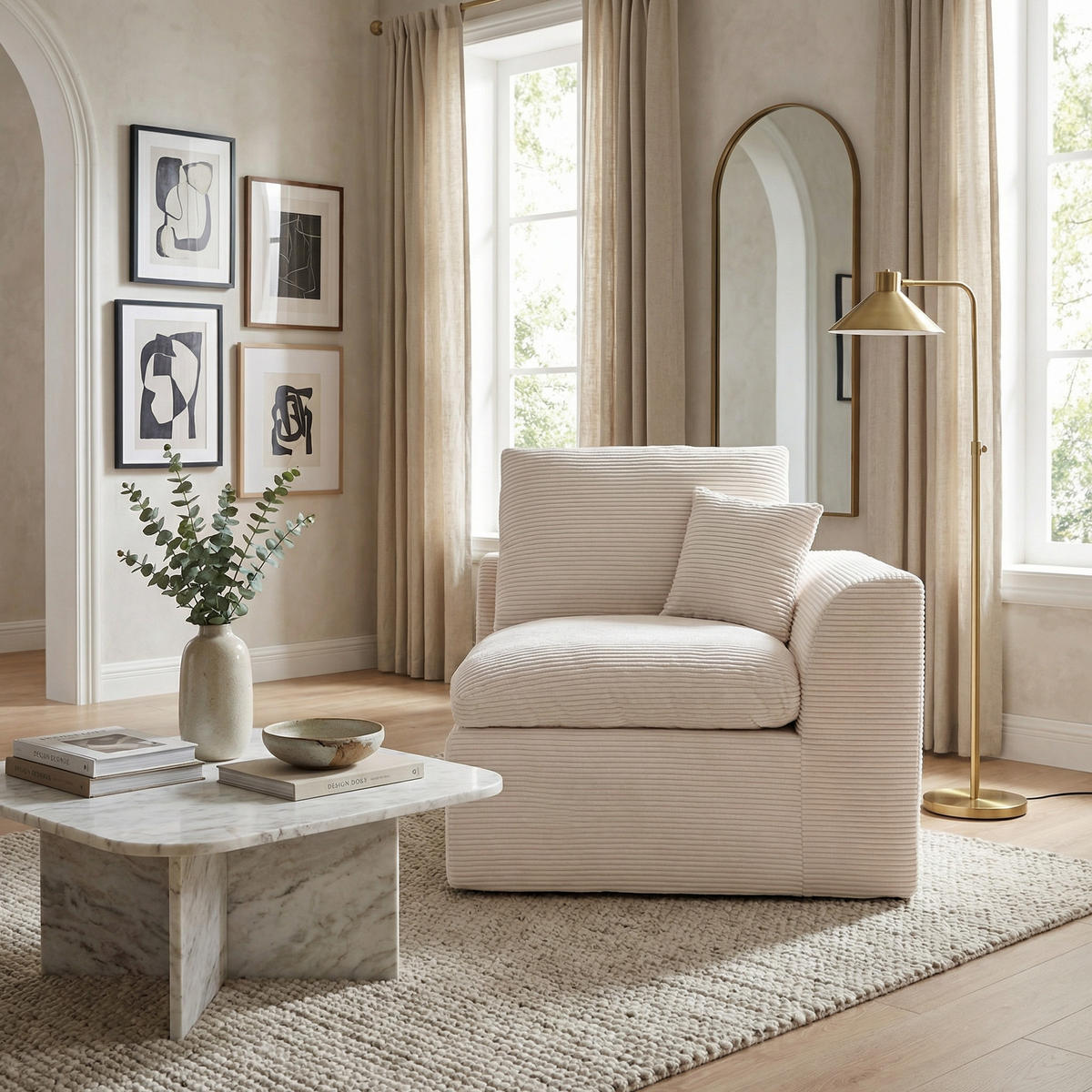 SESSEL Cord-Sofa mit Federkern-Polsterung und Kissen, Montagefrei - Beige, Textil (101/84/102cm) - Urban Meuble