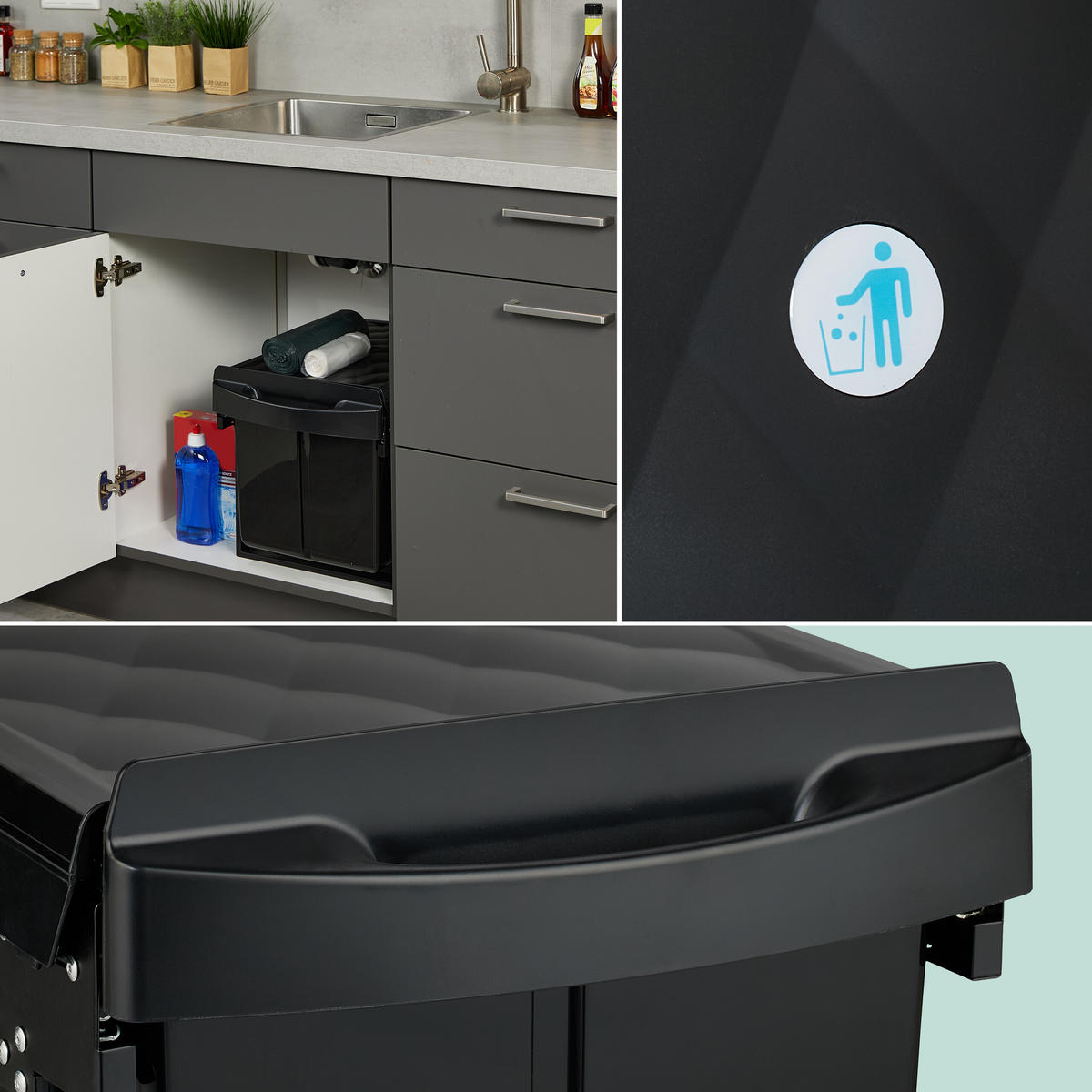 EINBAUMÜLLEIMER - Schwarz, Kunststoff/Metall (34/34.6/51.8cm) - Relaxdays