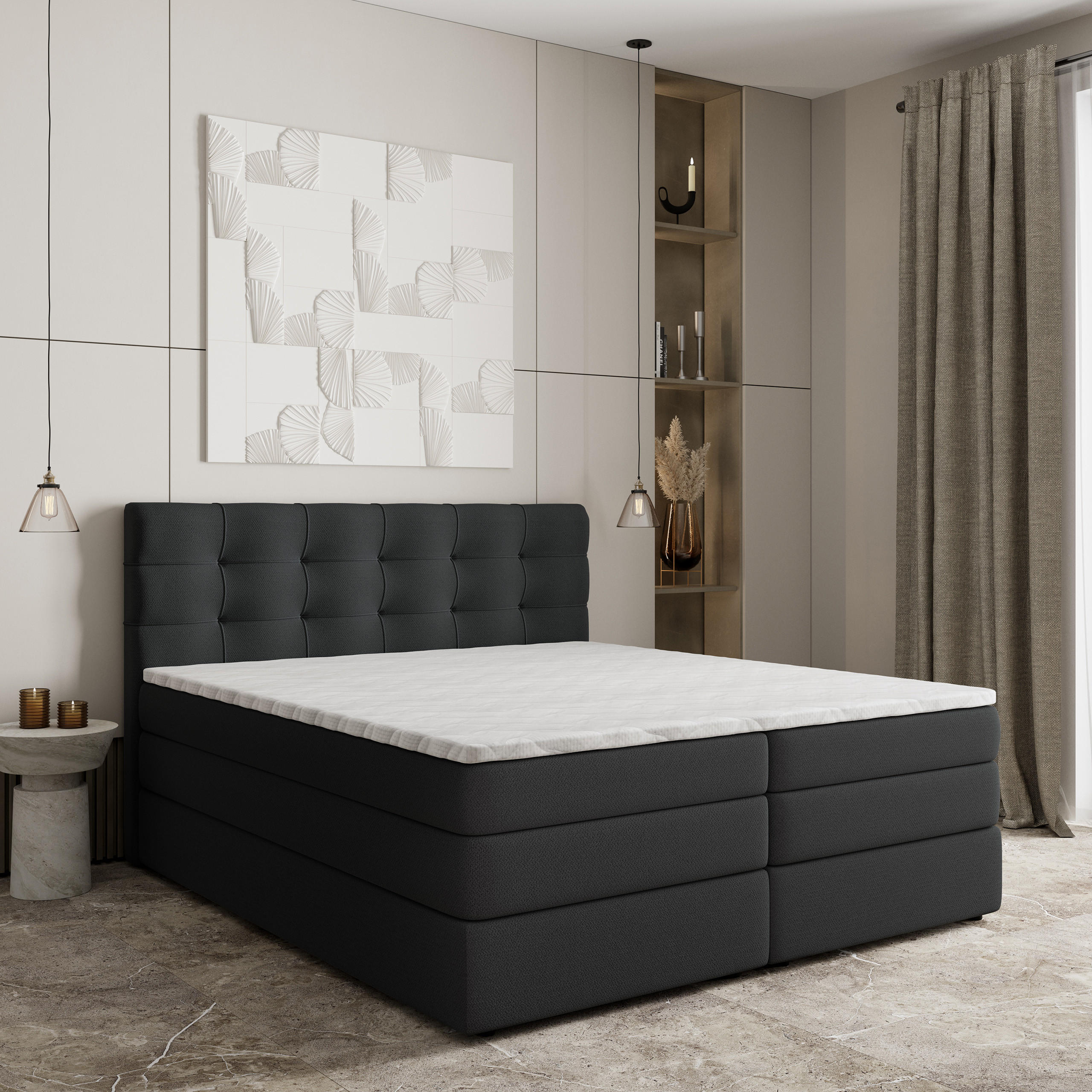 BOXSPRINGBETT AREZI 140x200 cm mit Matratze und Topper - Schwarz - Schwarz, Holz (140/200cm) - MASSENO