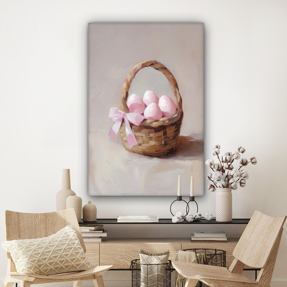 LEINWANDBILD Korb - Eier - Rosa Deko Groß 90x140 cm - Beige, Textil (90/140cm) - MuchoWow