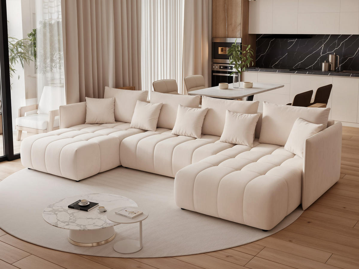 WOHNLANDSCHAFT OLIMPIA mit Schlaffunktion und Bettkasten Creme - Creme, Holzwerkstoff/Kunststoff (353/83/180cm) - Idohome