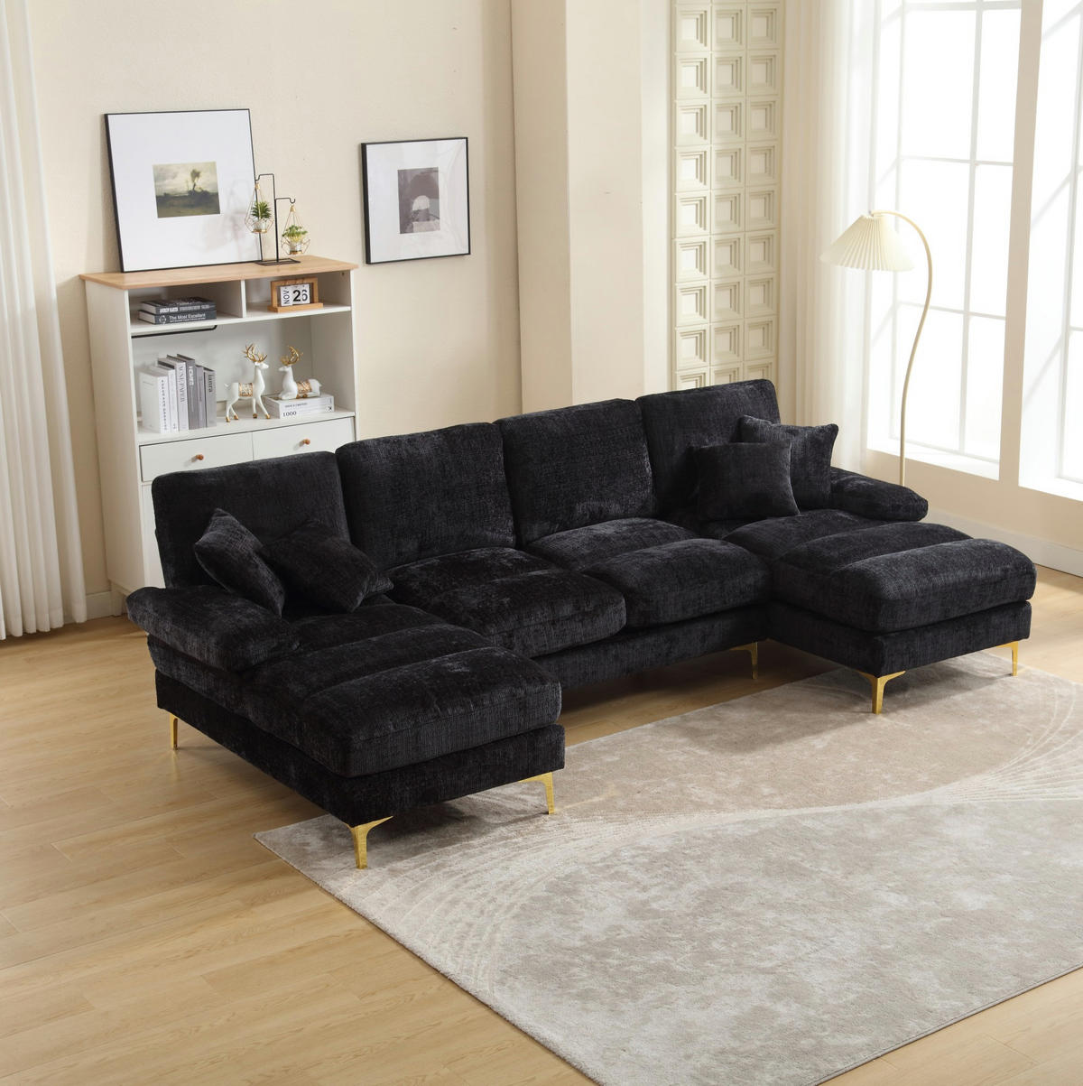 SOFA U-Form mit 2 Liegeflächen 272 x 136 cm Chenille Schwarz - Schwarz, Textil (136/88/272cm) - Meubliv