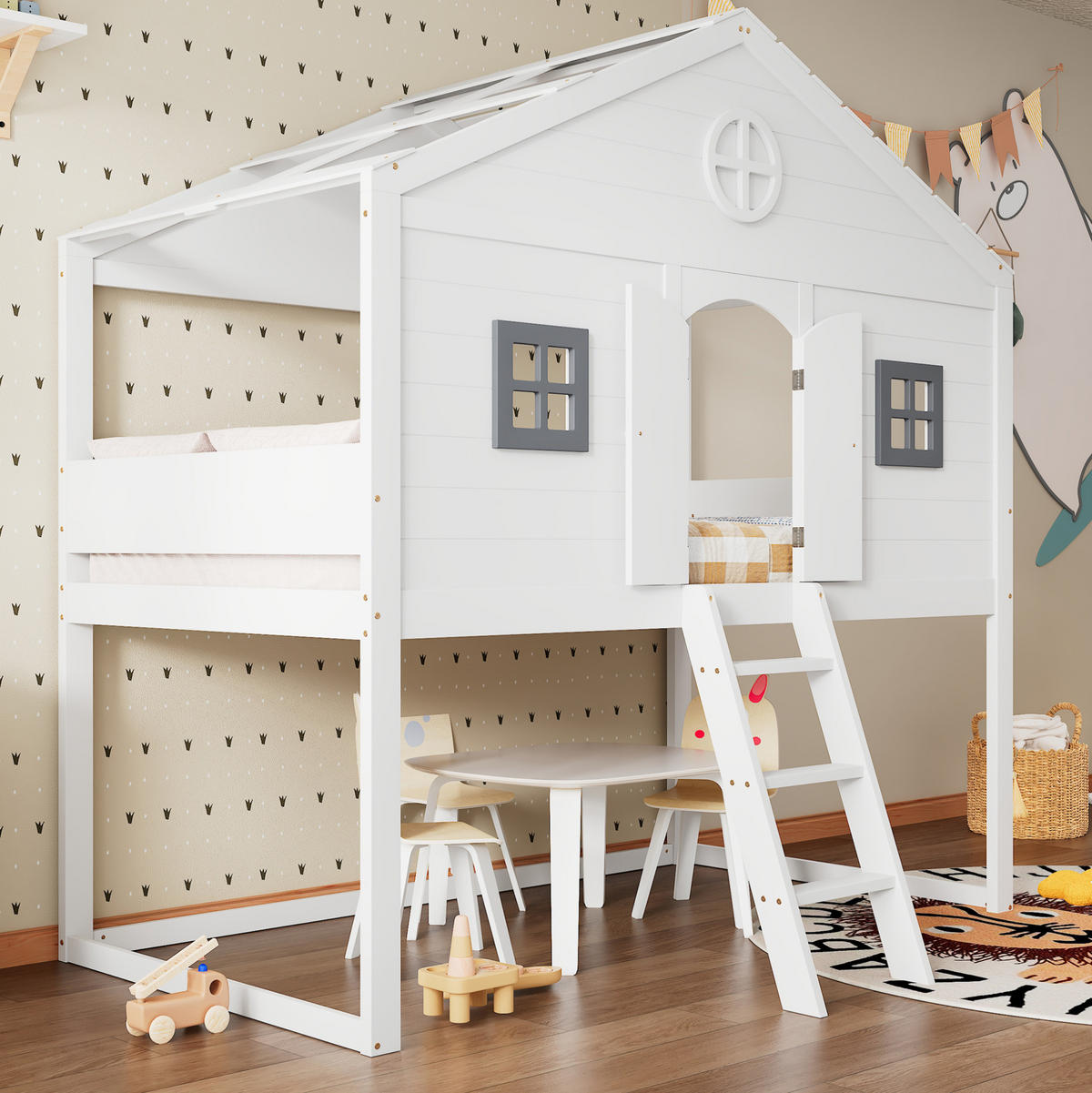 HOCHBETT 90/200 cm Weiß/Grau mit Treppe, Fenstern und Fallschutz - Weiß, Holz (90/200cm) - Flora Grace