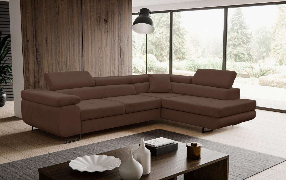ECKSOFA Jerry in L-Form mit Schlaffunktion und Bettkasten, Farbe: Braun, Veloursstoff, Ottomane Rechts - Braun, Textil (275/202cm) - VENASI MÖBEL