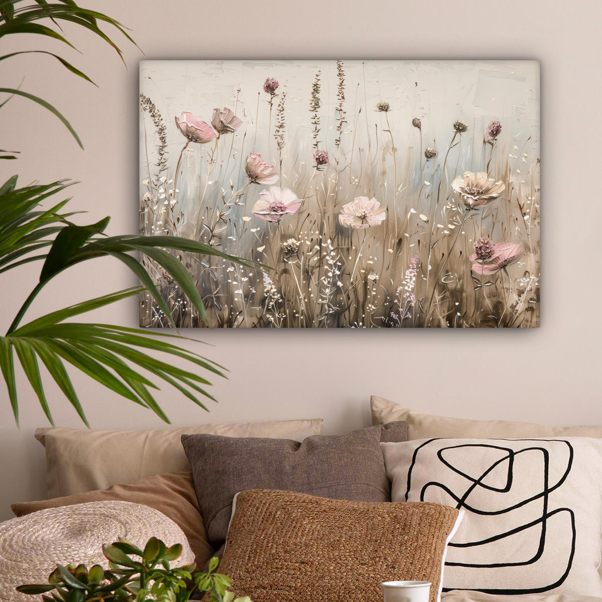 LEINWANDBILD Blumen - Rosa - Modern - Beige Gemälde 60x40 cm - Beige, Textil (60/40cm) - MuchoWow