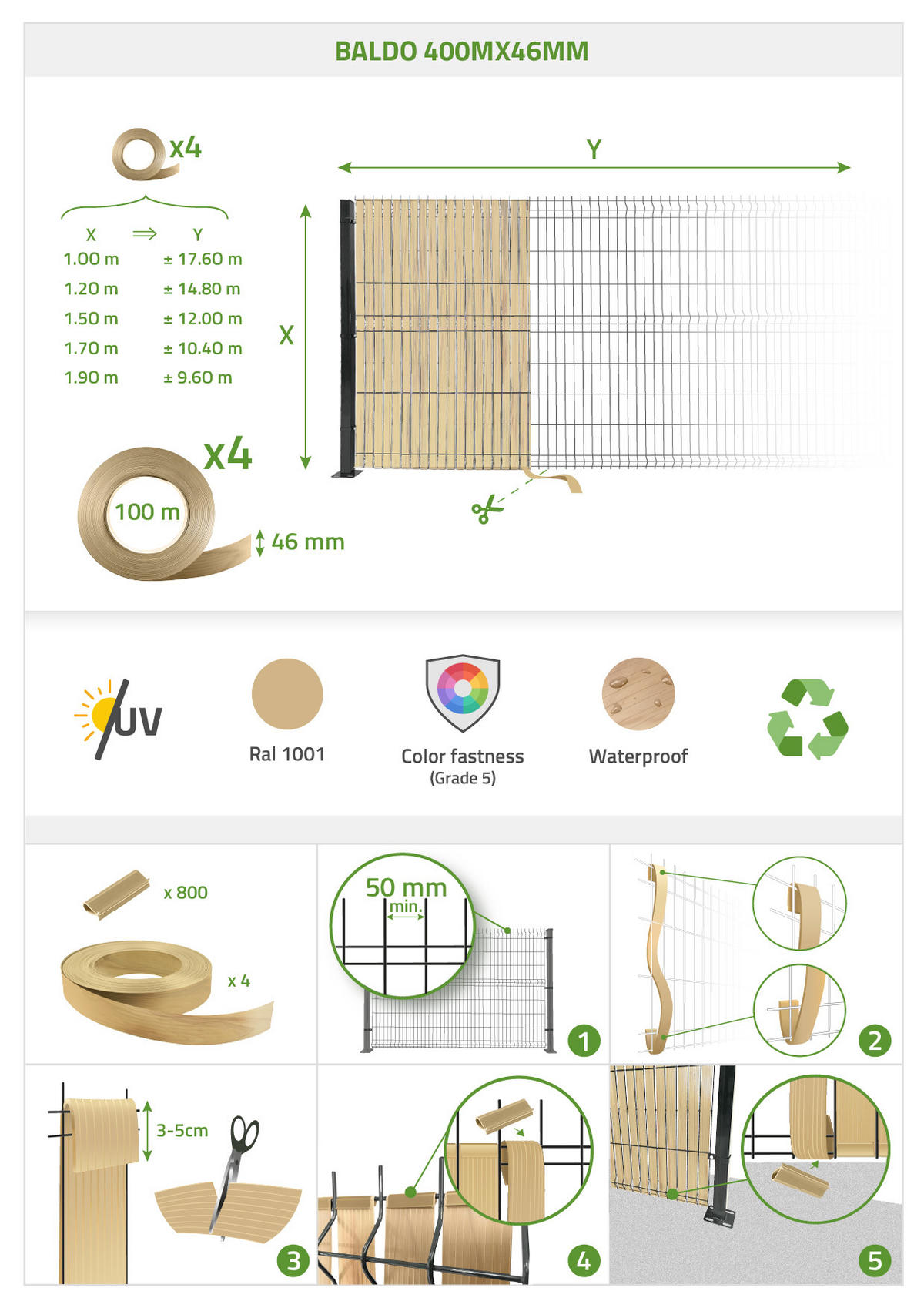 PVC SICHTSCHUTZSTREIFEN ROLLE FLEXIBEL Baldo Beige 400m L.46mm - Mit Clips und Endprofil - Beige, Kunststoff (40000/0.1cm) - Casanoov