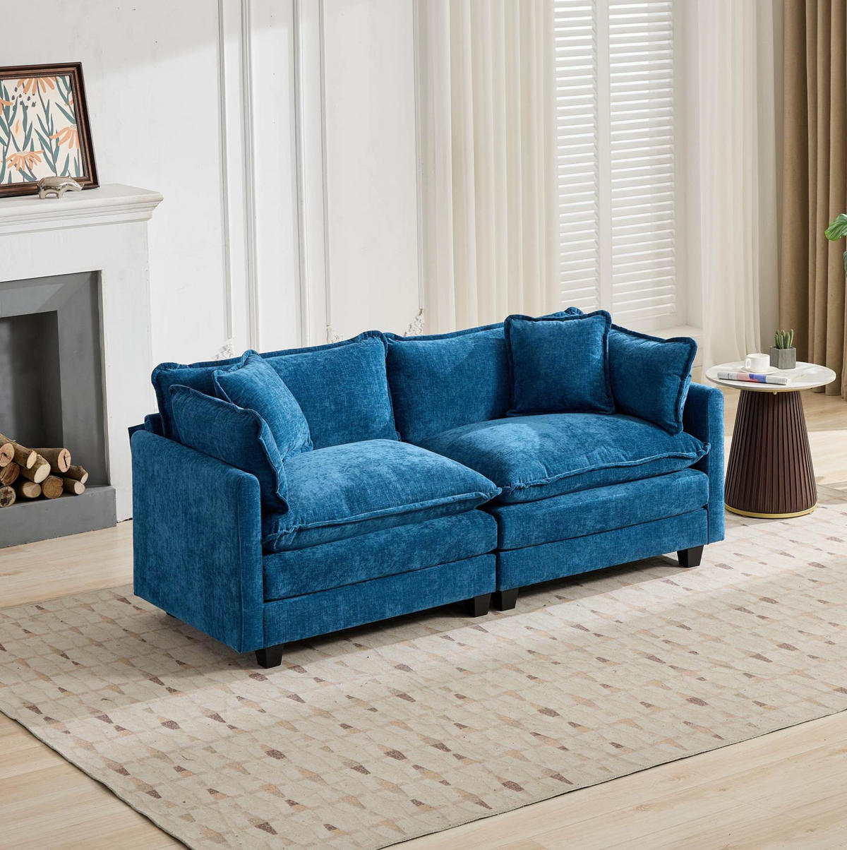 SOFA modular Chenille Blue 2-Sitzer - Blau, Holz (75/84/195cm) - Meubliv
