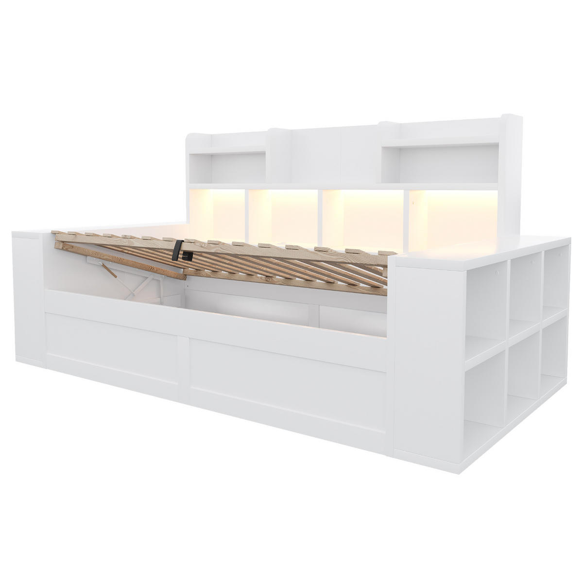 STAURAUMBETT 90/200 cm mit hydraulischem Stauraum und LED, DE-41649, in Weiß - Weiß, Holzwerkstoff (90/200cm) - ComfortXL