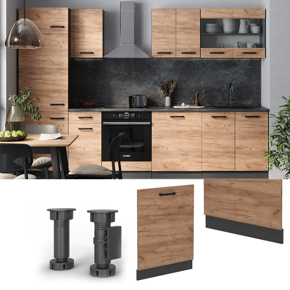 GESCHIRRSPÜLBLENDE R-Line Goldkraft Eiche 60 cm , AP Eiche - Honigeiche/Anthrazit, Holzwerkstoff (60/81.8/1.6cm) - Vicco