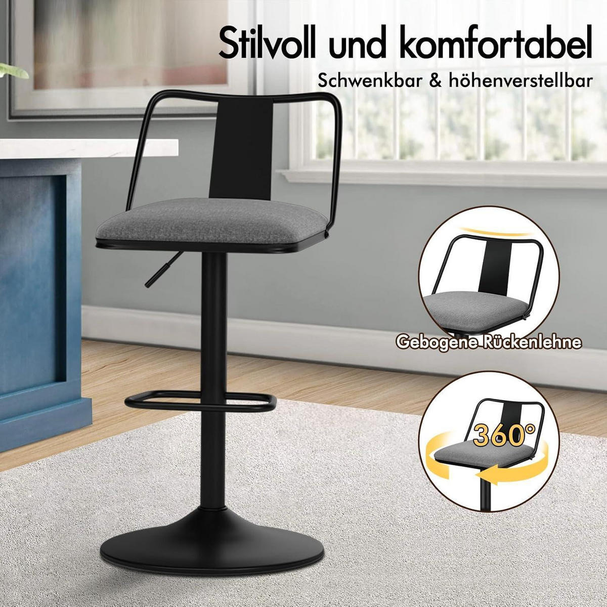 BARHOCKER 2-teiliges Set höhenverstellbar mit Rückenlehne Grau Textil - Grau, Textil (43/102/43cm)