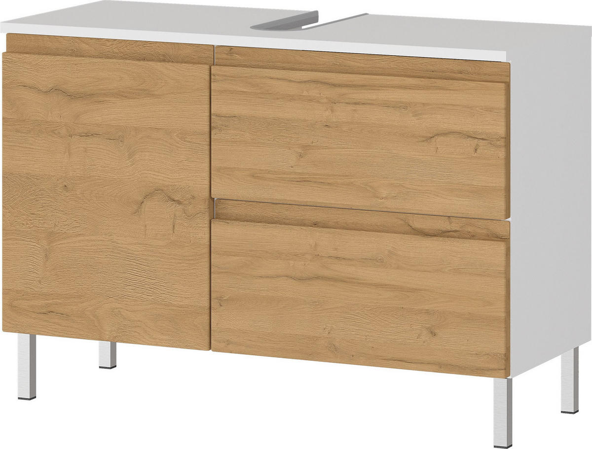 WASCHBECKENUNTERSCHRANK Weiß und Eiche Grandson 80x34x56 cm mit Chromfüßen VEER - Weiß, Holz/Metall (80/56/34cm) - KADIMA DESIGN
