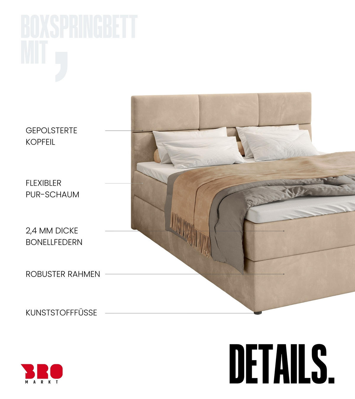 BOXBETT Boston mit Topper 140/200 Beige - Beige, Holzwerkstoff/Textil (140/200cm) - Bromarkt