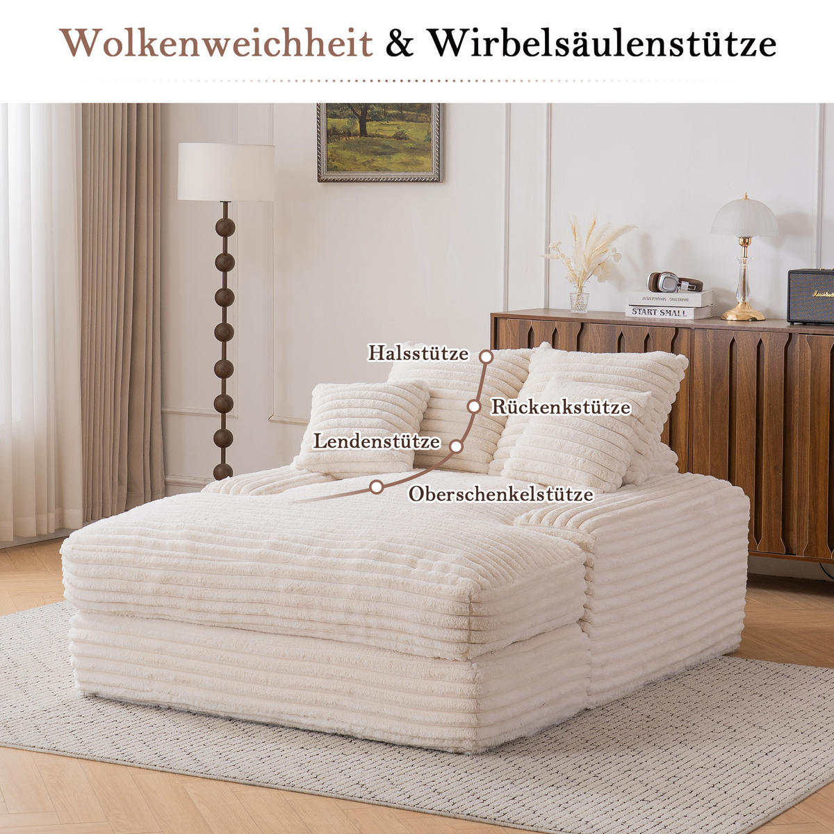 CHAISELONGUE Cordstoff mit Memory-Schaum und 4 Kissen 137/175/63 cm Beige - Beige, Textil (137/63/175cm) - Redom