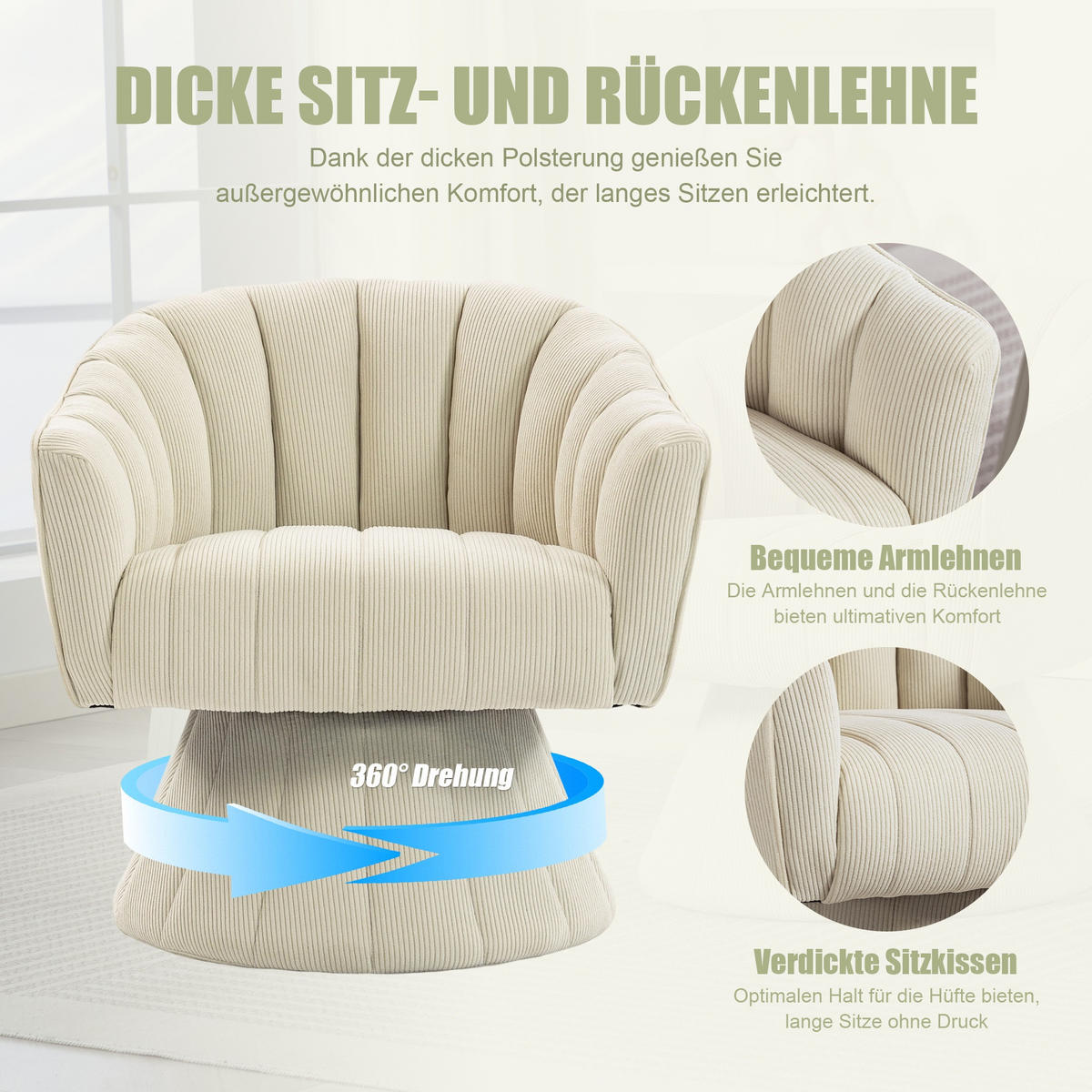 DREHSTUHL Drehsessel Loungesessel mit Polsterung,360°,Cord,Beige - Beige, Textil (70/72/66cm) - LVHOM
