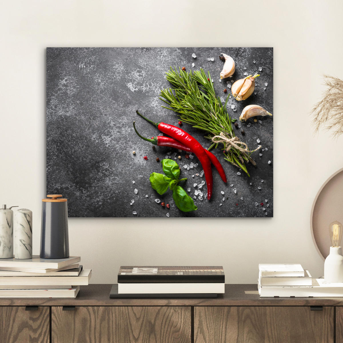 KOVOVÝ OBRAZ Korenie - bylinky - korenie - betón 40x30 cm - tmavosivá, kov (40/30cm) - MuchoWow