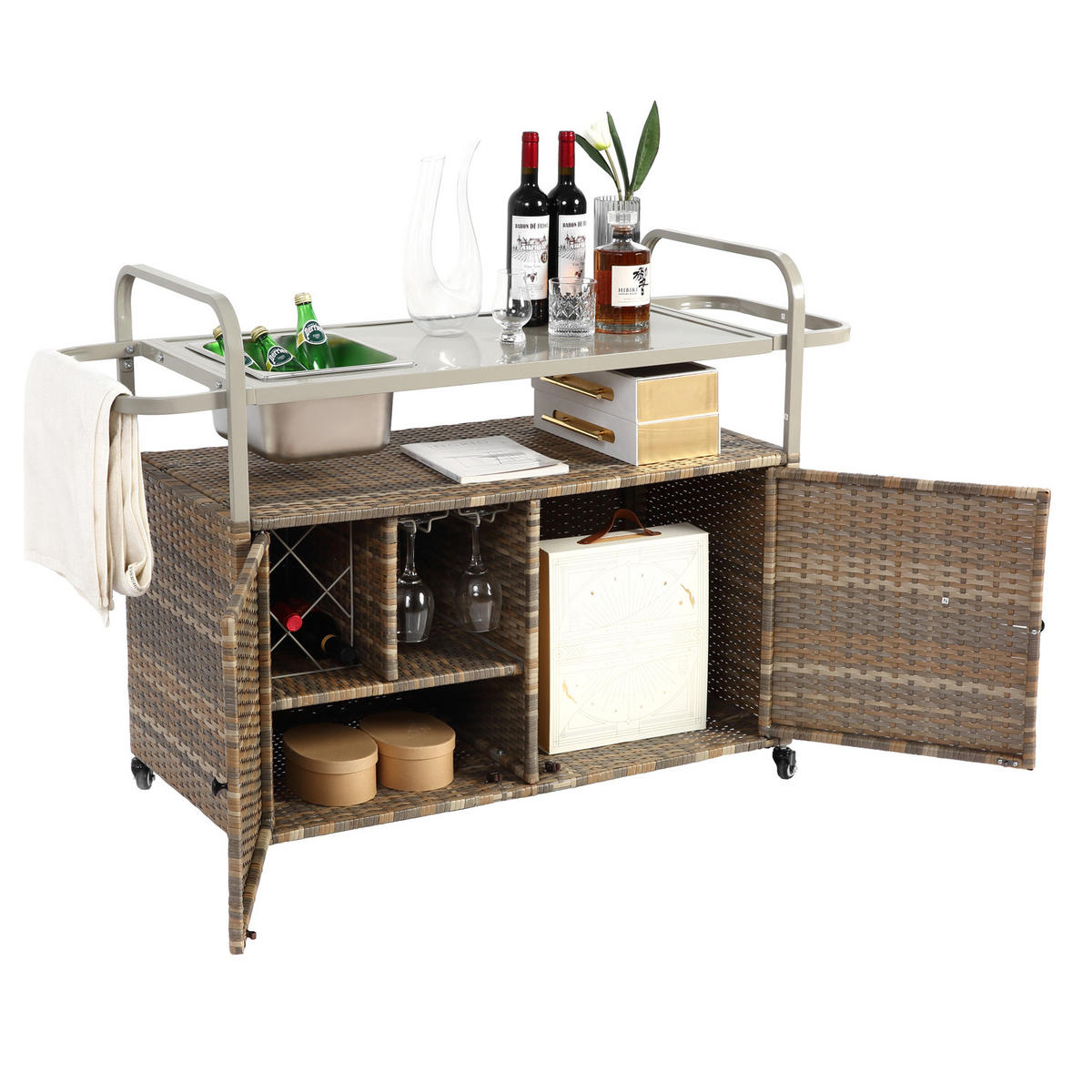 OUTDOOR-BARWAGEN 131 cm Beige Stahl & Rattan – Servierwagen mit Eisbehälter, Schrank & Lenkrollen - Beige, Metall (131/91/50cm) - Urban Meuble