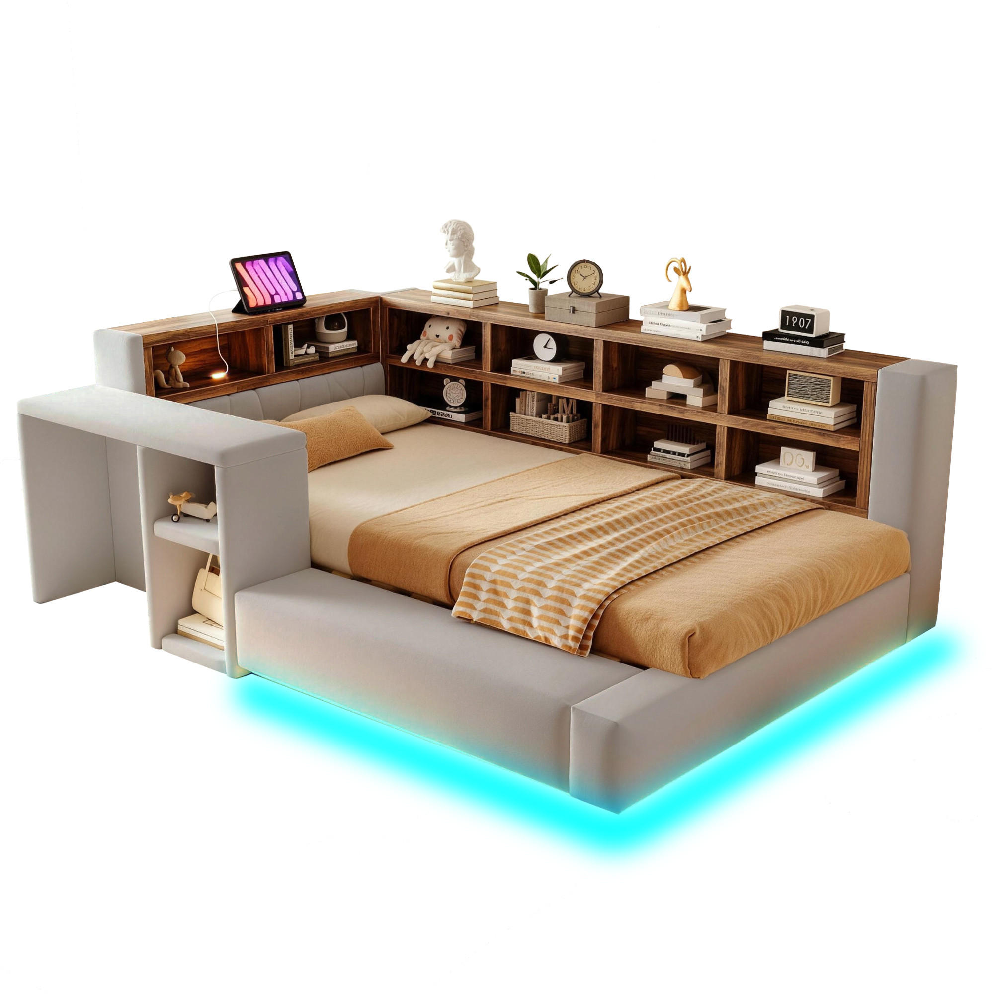 POLSTERBETT 90/200 cm in Hellgrau mit Stauraum, LED, Steckdosen, Beistelltisch und gepolstertem Kopfteil aus Samtstoff - Grau, Holzwerkstoff/Textil (90/200cm) - STILVORA