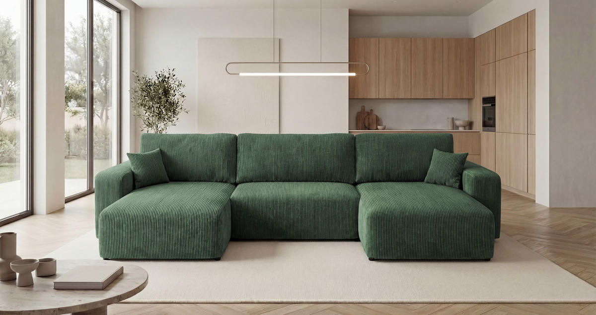 SEDACÍ souprava BERLIN tvar U zelená manšestr Poso 14 - funkce spaní, úložný prostor - zelená barva, textil (385/86/185cm) - Cornero