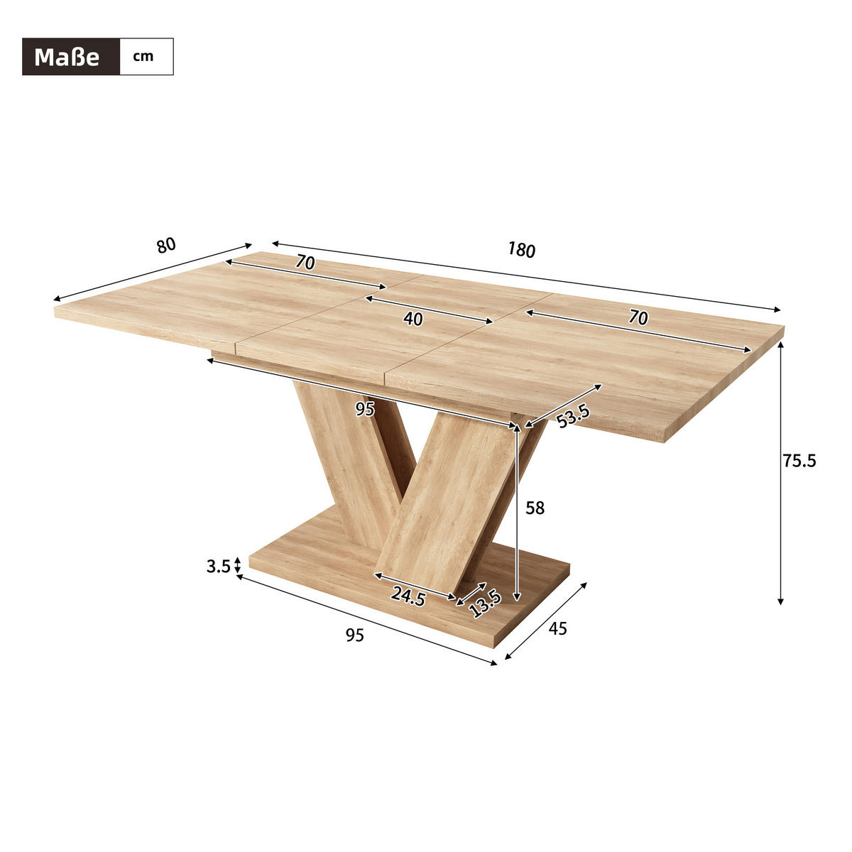 ESSTISCH in Eichenfarbe ausziehbarer Küchentisch mit verdickter Tischplatte und V-förmigen Beinen, B140-180/T80/H75.5cm - Eichefarben, Holzwerkstoff/Metall (80/180/75.5cm) - STILVORA