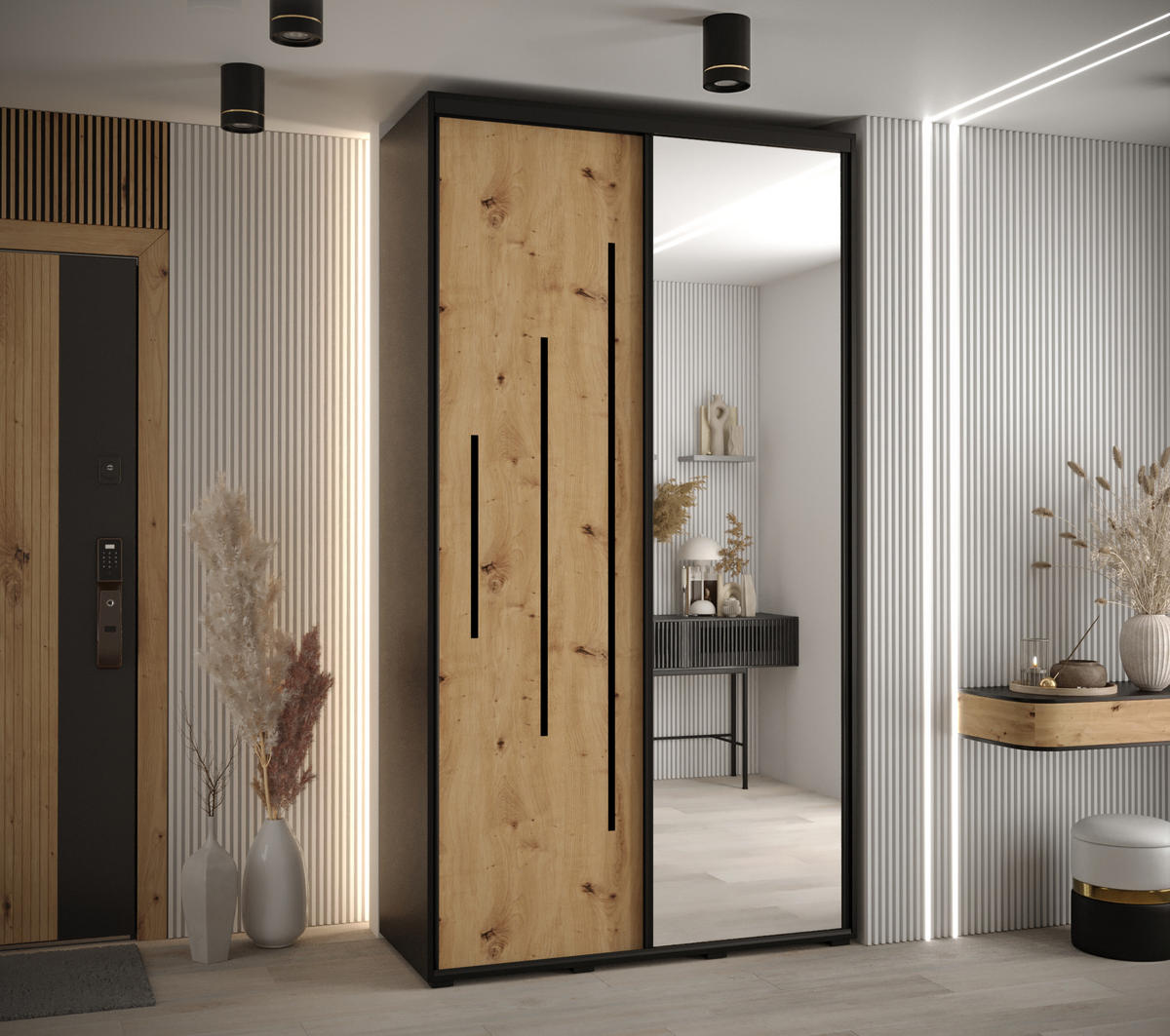 SCHWEBETÜRENSCHRANK 235,2/140/60 2-türig - Schwarz/Eiche Artisan, Holz/Metall (140/235/60cm) - Abiks Möbel
