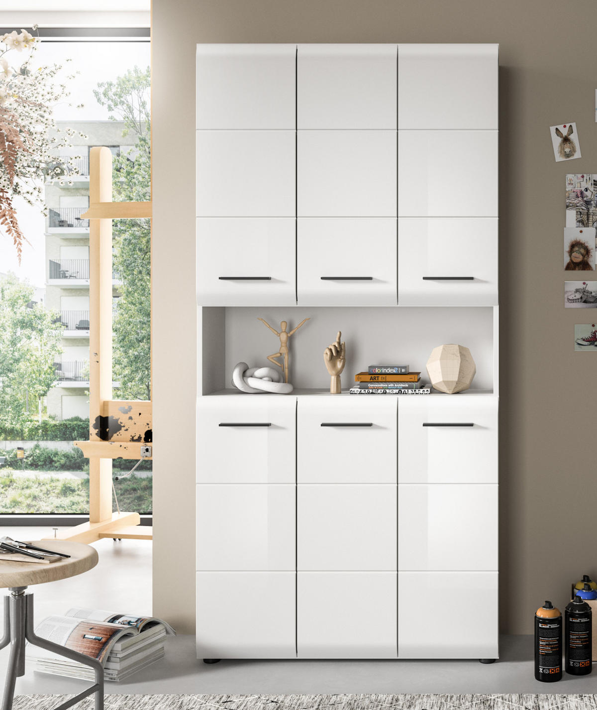 HOCHSCHRANK weiß Hochglanz, Mehrzweckschrank 90 cm mit 13 Fächern - Weiß Hochglanz/Silberfarben, Holzwerkstoff/Kunststoff (90/185/30cm) - Inn.Furn