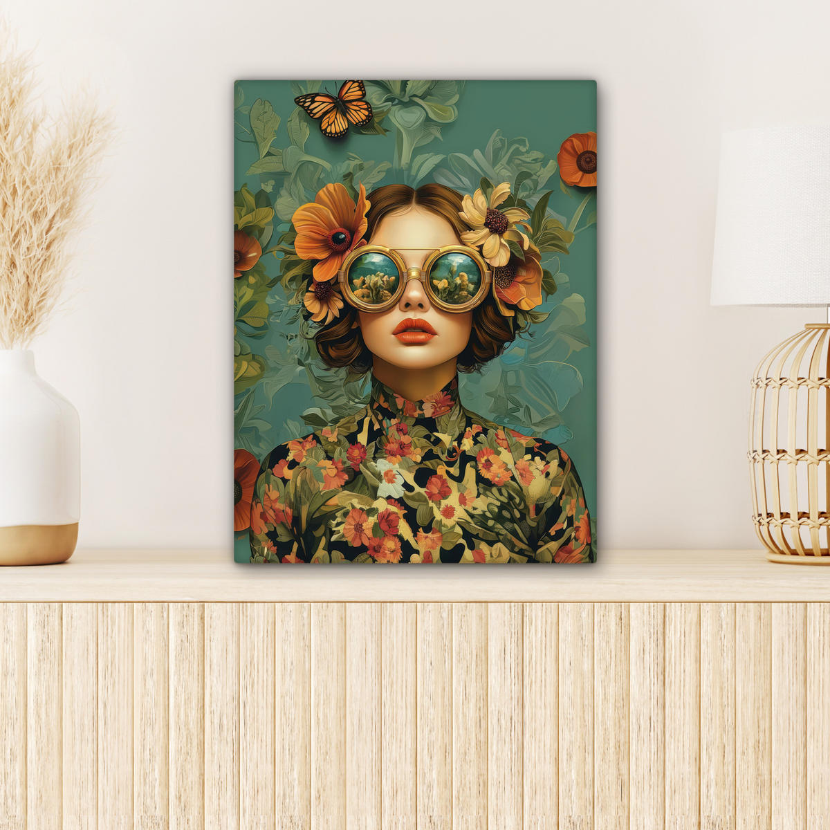 LEINWANDBILD Frau - Blumen - Schmetterlinge - Natur - Vintage Room Decor 30x40 cm - Salbeigrün, Textil (30/40cm) - MuchoWow
