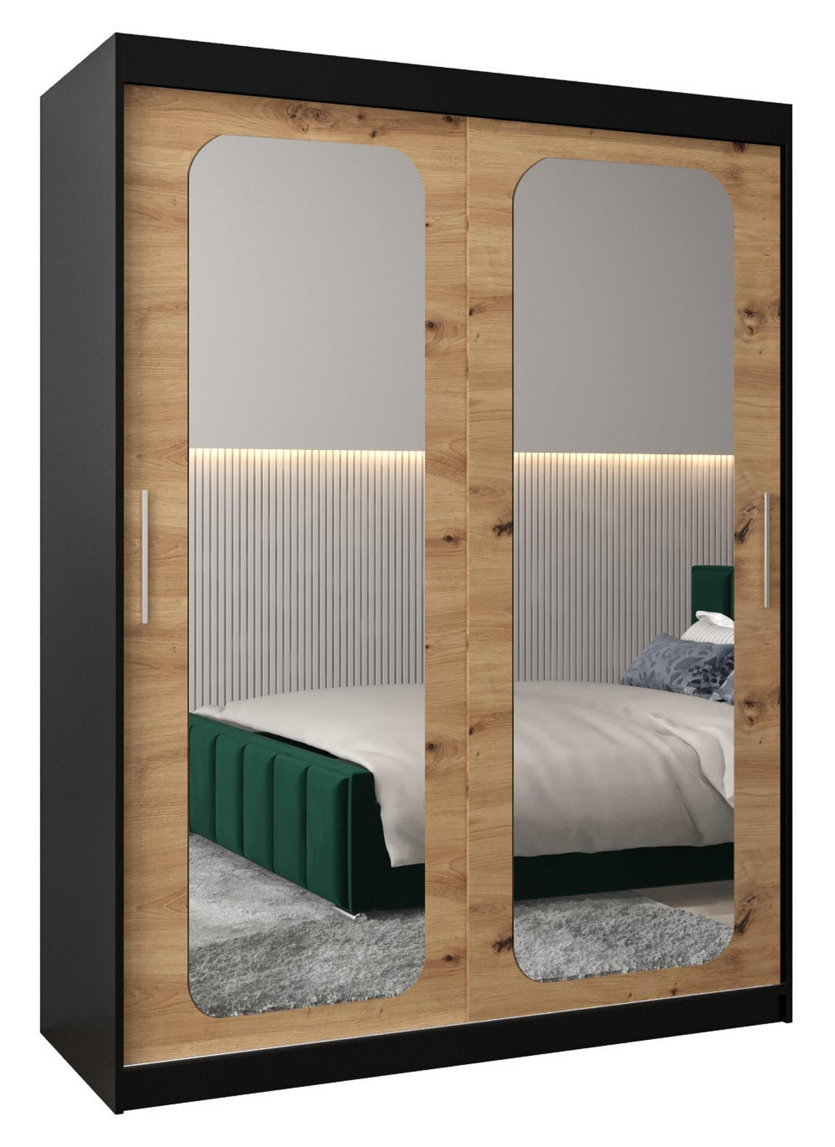 SCHWEBETÜRENSCHRANK 200/150/62 2-türig - Silberfarben/Schwarz, Holz/Kunststoff (150/200/62cm) - Abiks Möbel