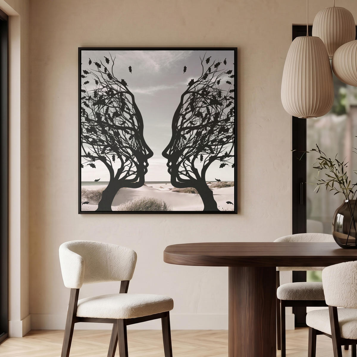 LEINWAND Bilder mit Rahmen - Strand - Meer - Menschen - Baum - Moderne Kunst - 90x90 - Hellgrau, Textil (90/90cm) - MuchoWow