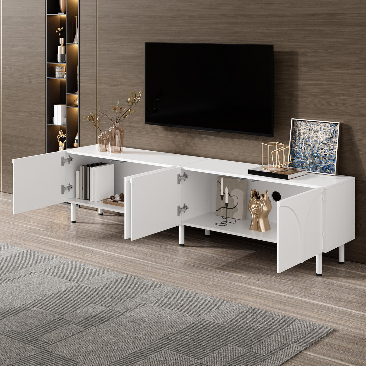 LOWBOARD in Weiß TV-Schrank mit Metallfüße, 180 L x 35 B x 49H(cm), Wohnzimmer - Weiß, Holzwerkstoff/Metall (180/49/35cm) - STILVORA