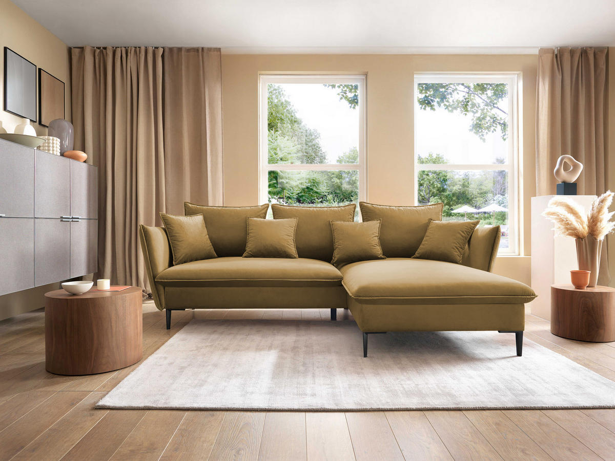 ECKSOFA GLOSS mit Schlaffunktion, Ottomane & goldenen Füßen – Samtsofa im GLOSSour-Stil mit Zierkissen, 258x167x91 cm, Rechte, LILA - Bordeaux, Holz/Textil (258/167cm) - DomoHome