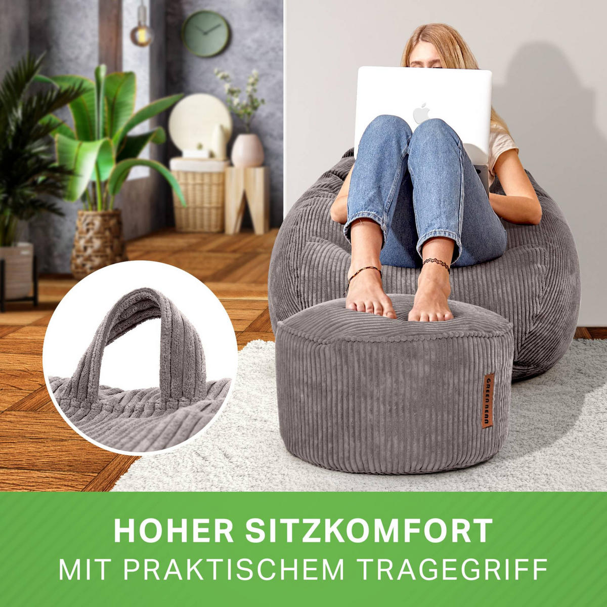 XXL-SITZSACK 2er Set + Pouf - Cordstoff - Grau, Textil (90/110/90cm) - Green Bean