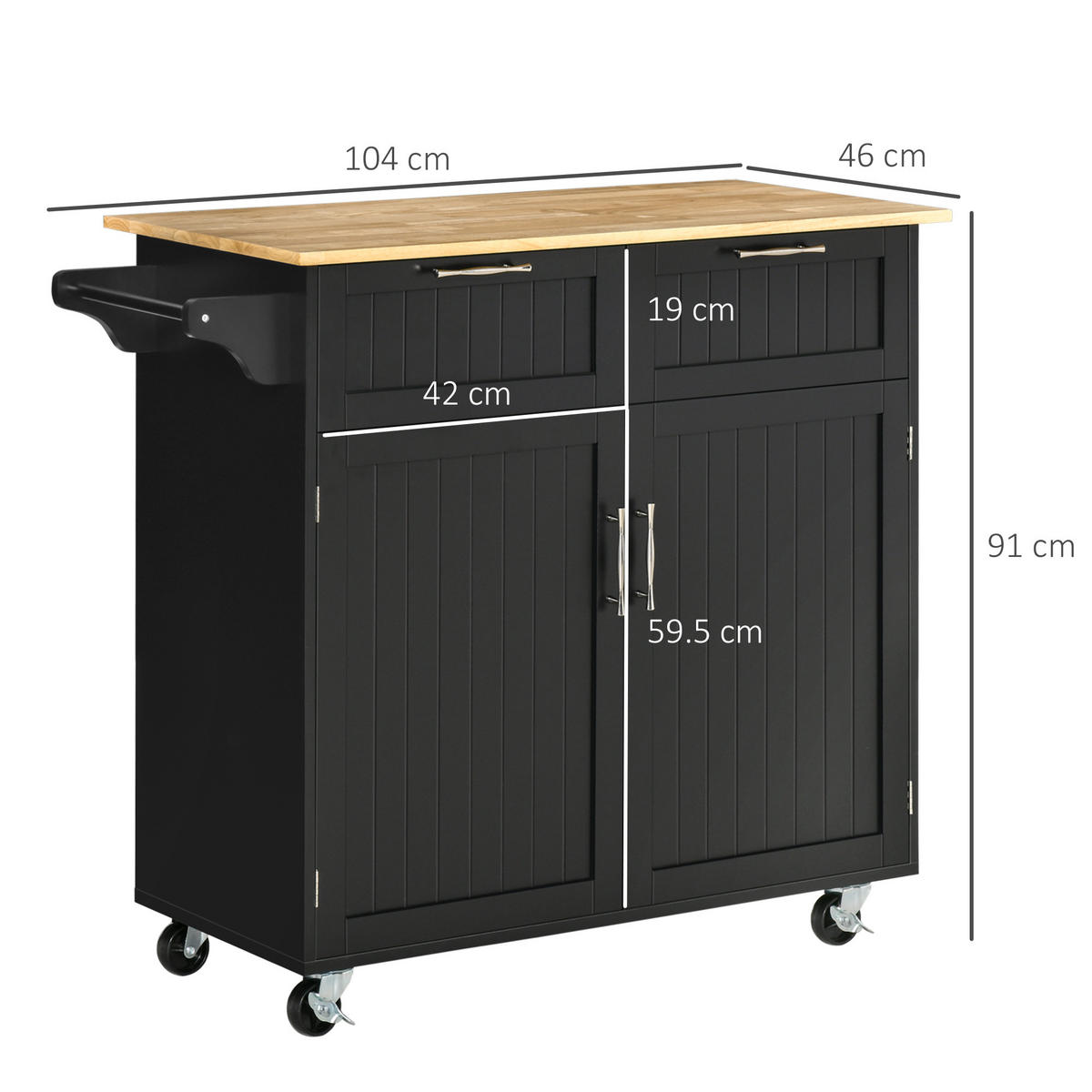 KÜCHENWAGEN, Mehrzweck, 2 Schubladen, Schrank, 4 Rollen, schwarz, 104x46x91cm - Multicolor, Metall (104/91/46cm) - FORIOUS