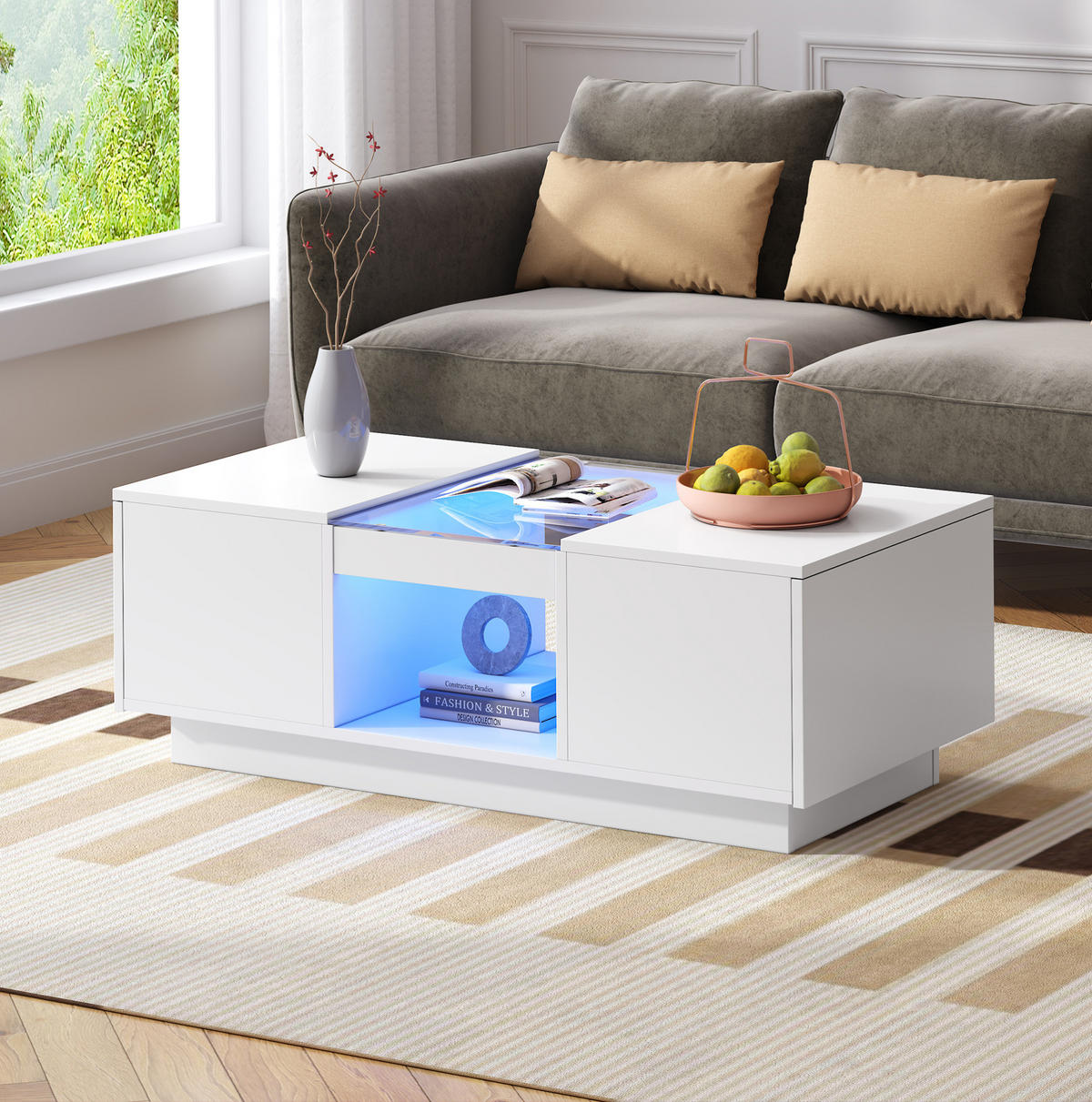 COUCHTISCH aus Spanplatte 100x50x35,5 cm in Weiß mit LED & App-Steuerung - Weiß, Holzwerkstoff (100/50/35.5cm) - Modfu