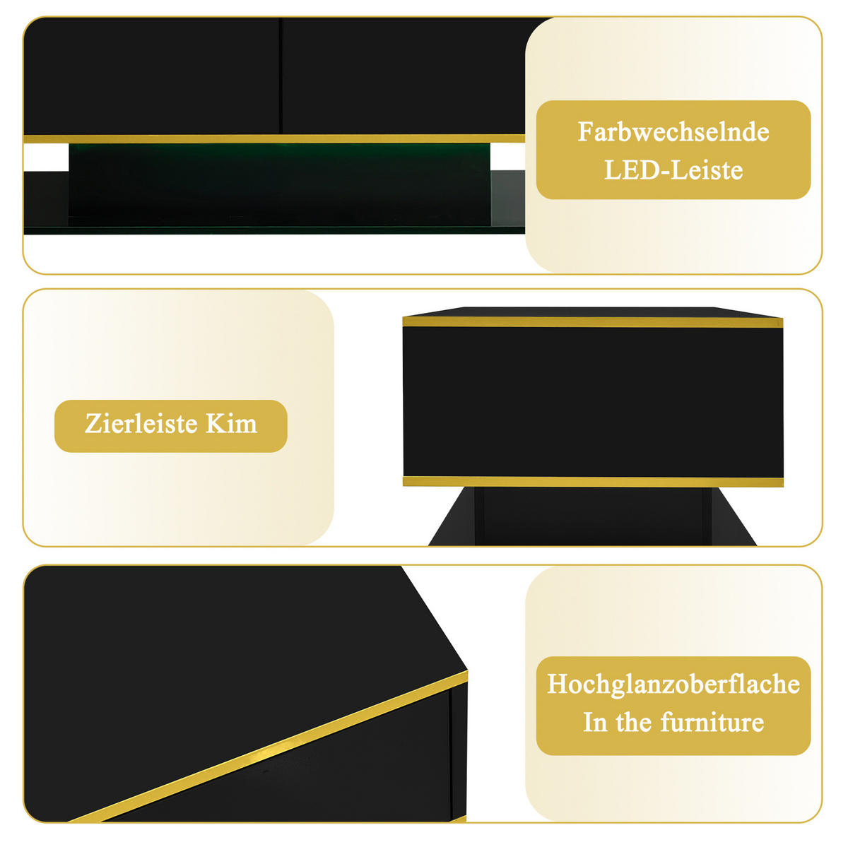 KONFERENČNÍ stolek 100/50/40 cm černý se zlatými prvky z dřevotřísky s LED a 3 zásuvkami - černá, kompozitní dřevo (100/50/40cm) - OKWISH