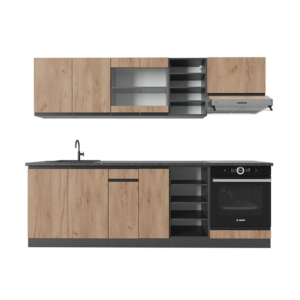 KÜCHENZEILE R-Line Goldkraft Eiche/Anthrazit 240 cm J-Shape - Anthrazit/Eiche Wotan, Holzwerkstoff (240/81.6/46cm) - Vicco
