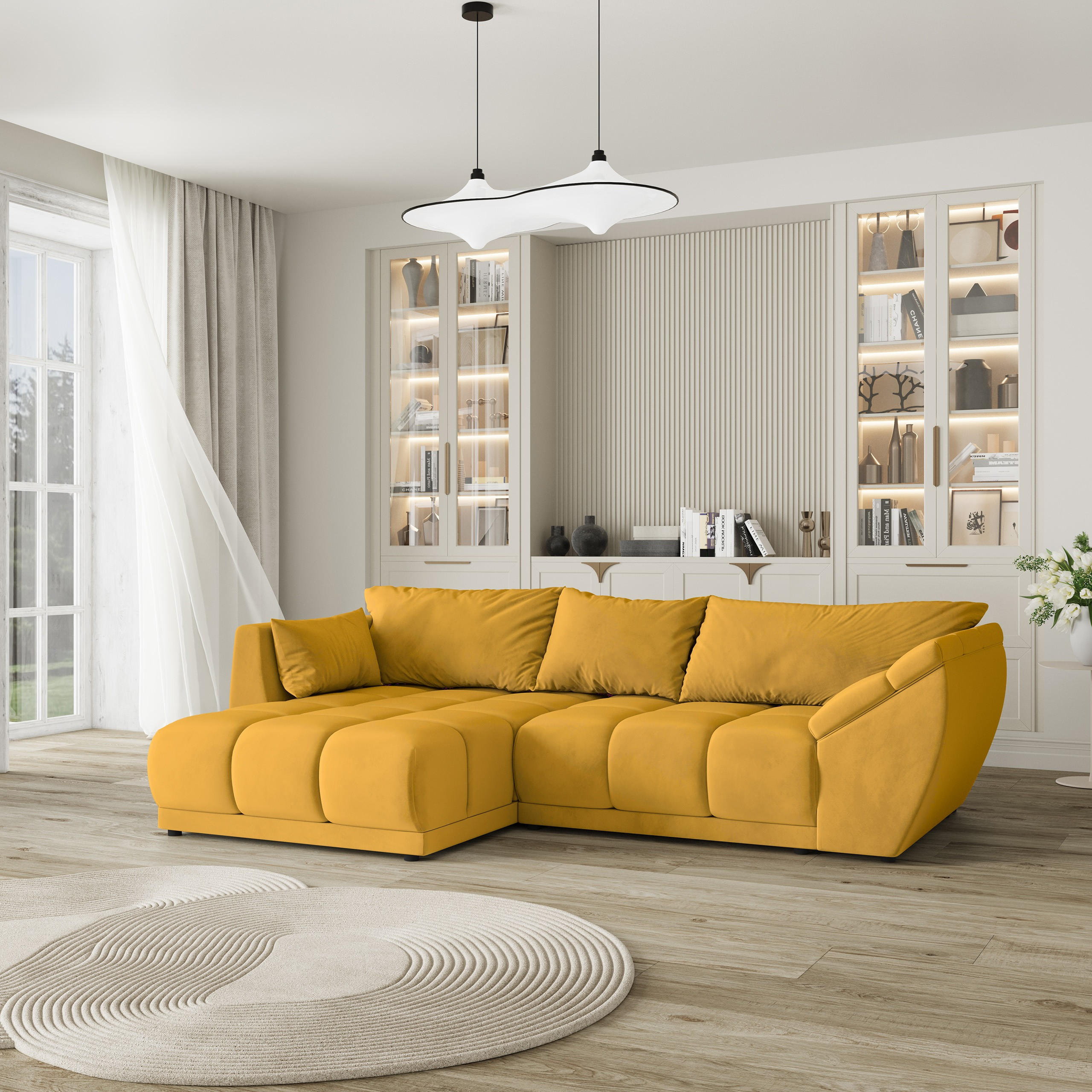 ECKSOFA ORENTI L-S Gelb Velours-Stoff mit Schlaffunktion - Gelb, Holz (287/182cm) - MASSENO