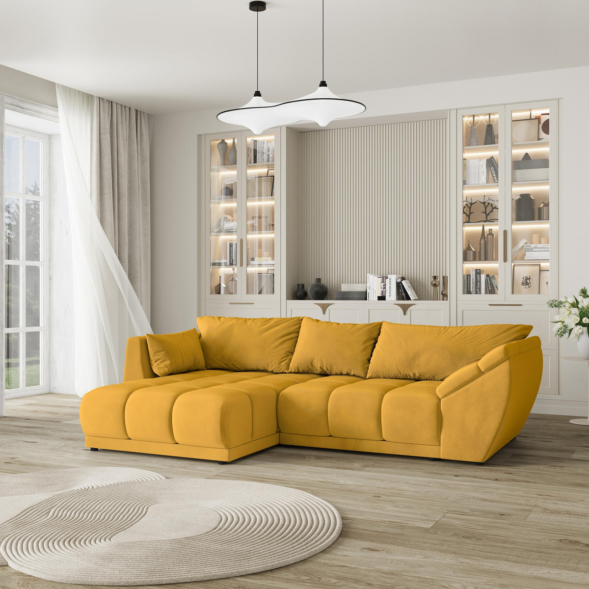 ECKSOFA ORENTI L-S Gelb Velours-Stoff mit Schlaffunktion - Gelb, Holz (287/182cm) - MASSENO